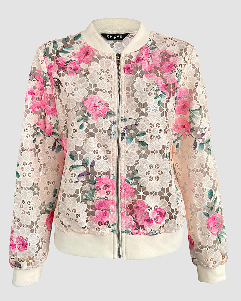 Floral Print Zip Up Water-Soluble Lace Baseball Coat Casual Hollow-out Bomber Crop Jacket