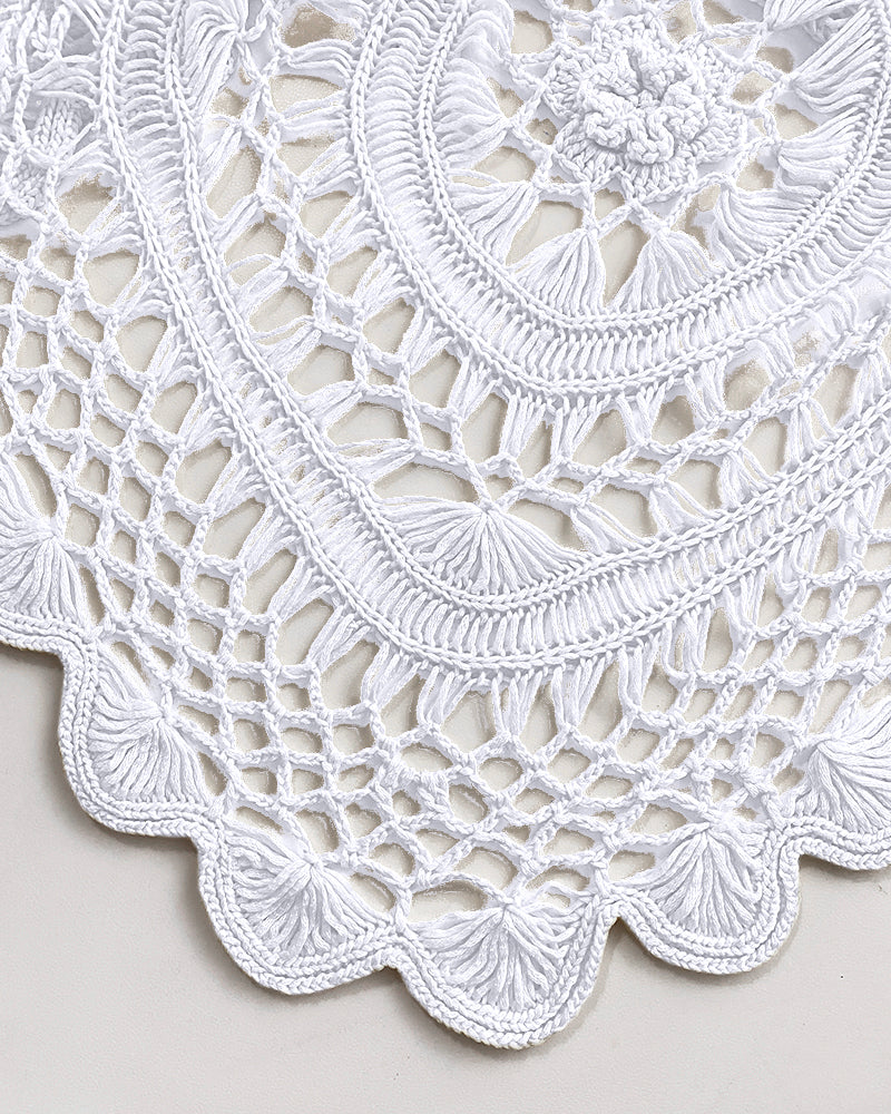 Boat Neck Batwing Sleeve Hollow-out Casual Top Asymmetrical Scallop Hem Crochet Pattern Cover Up