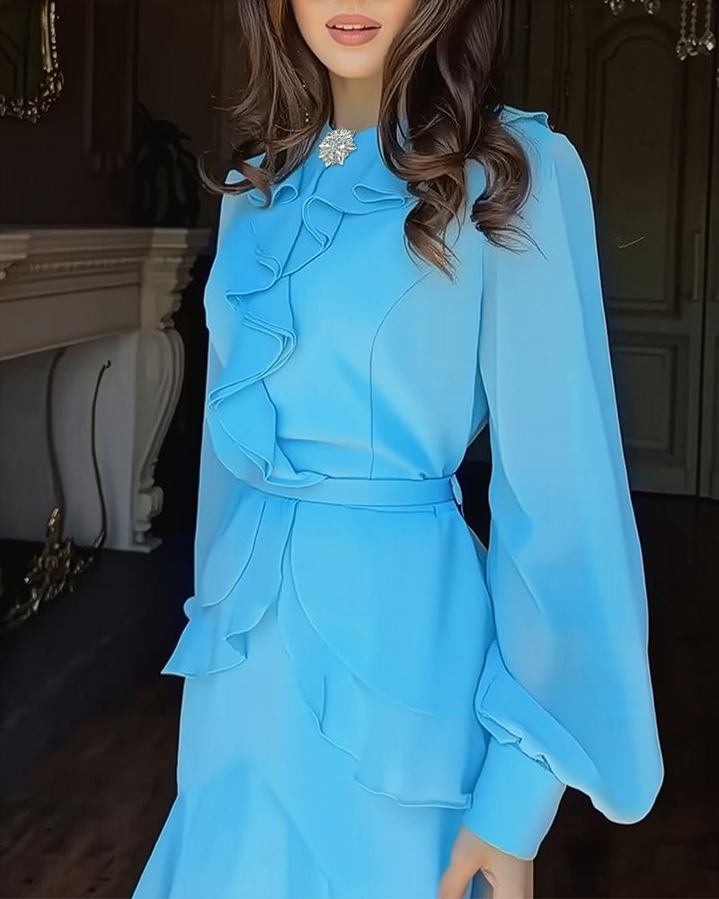 French Style Rhinestone Decor Ruffles Round Neck Lantern Sleeve Asymmetrical Hem Dress Zipper Back Layered Ruffle Hem Chiffon Evening Dress with Belt