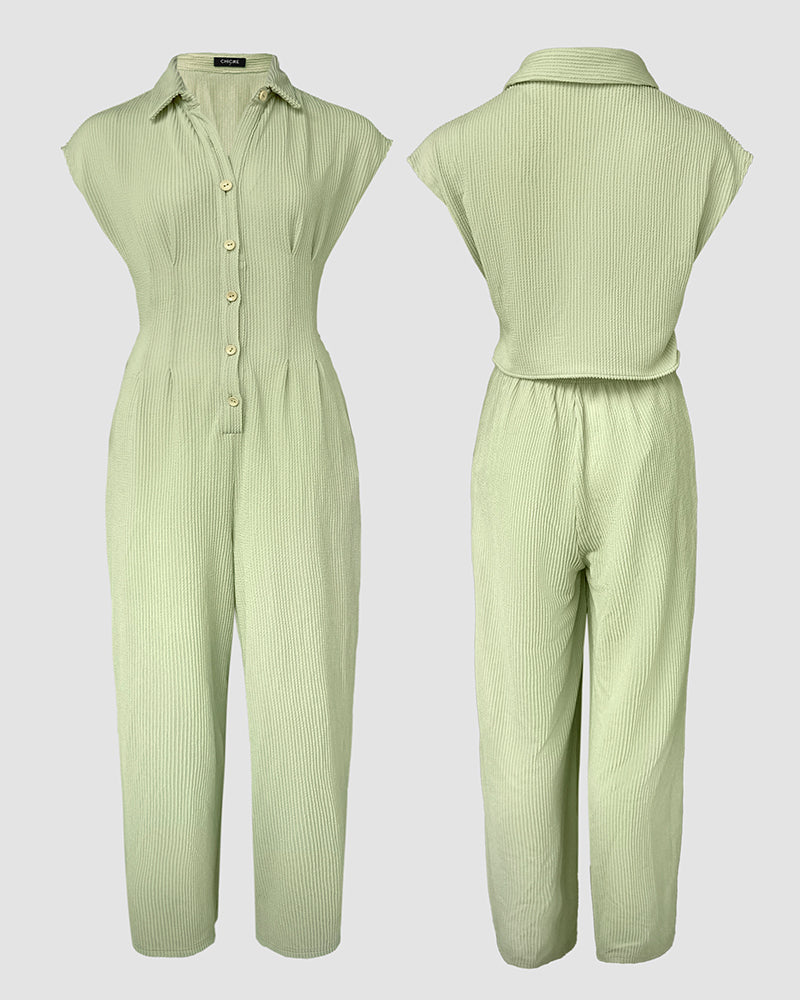 Turn-down Collar Cap Sleeve Button Front Pleated Ribbed Overalls Casual Open Back Wide Leg Elastic Back Waist Jumpsuit