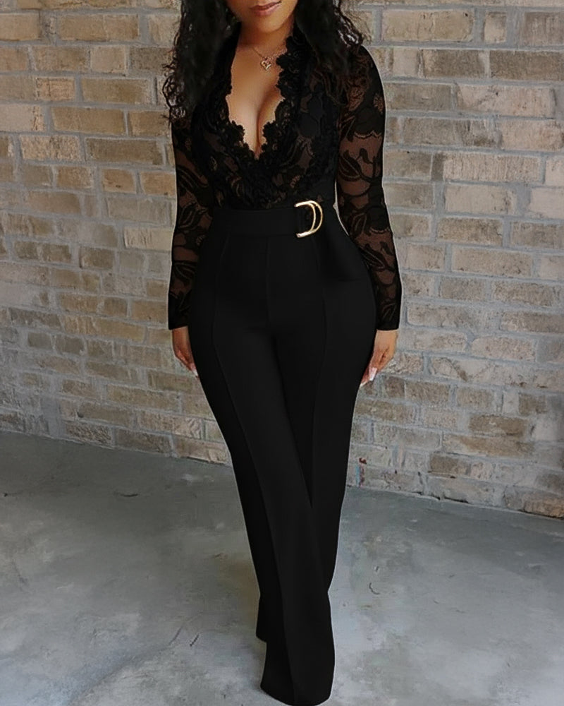 Crochet Lace Trim Deep V-Neck Floral Lace Spliced Ovearalls Casual Zipper Back Seam Front Jumpsuit with Belt