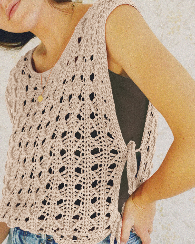 Round Neck Sleeveless Hollow-out Crochet Sweater Casual Tie Side Breathable Crop Top