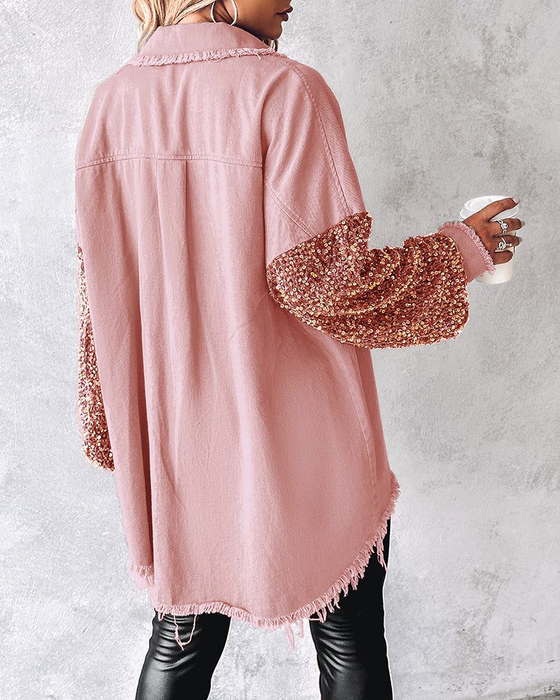 Casual Jacket Sequin Patchwork Long Sleeve Jacket Top Button Front Raw Hem Oversized Denim Shacket