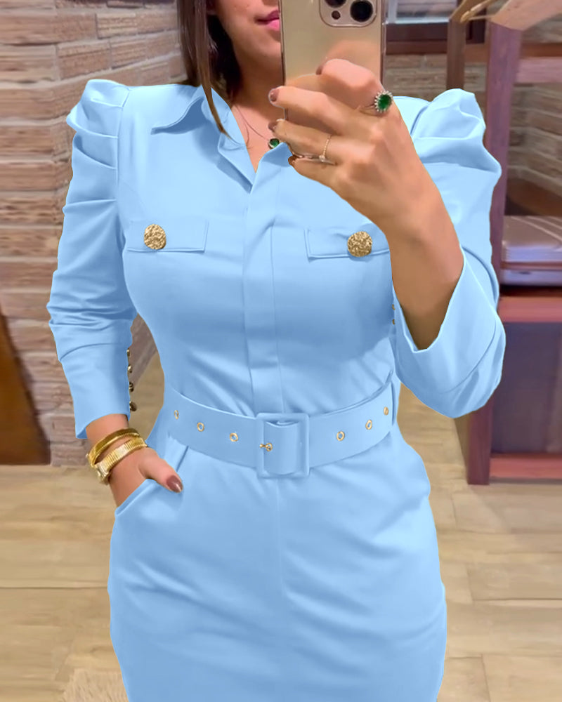 Turn-down Collar Long Sleeve Button Decor Front Slit Slim Fit Mid-Calf Dress Work Bodycon