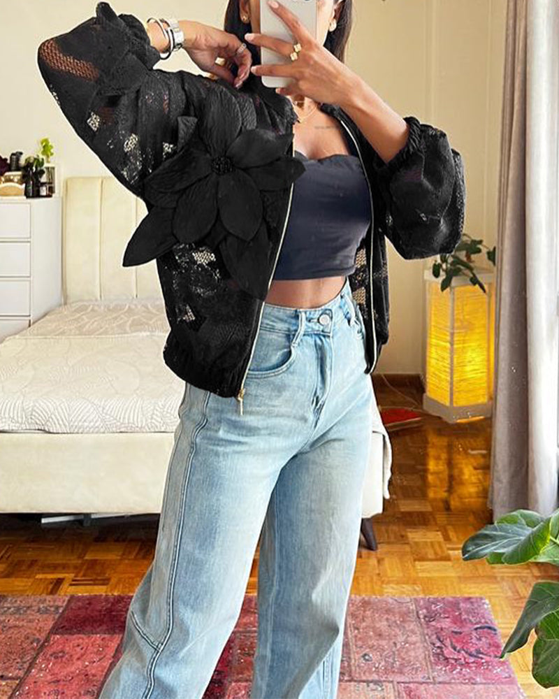 3D Flower Decor Stand Collar Zipper Front Sheer Lace Crop Jacket Casual Stretchy Cuffs Lightweight Breathable Loose Fit Coat