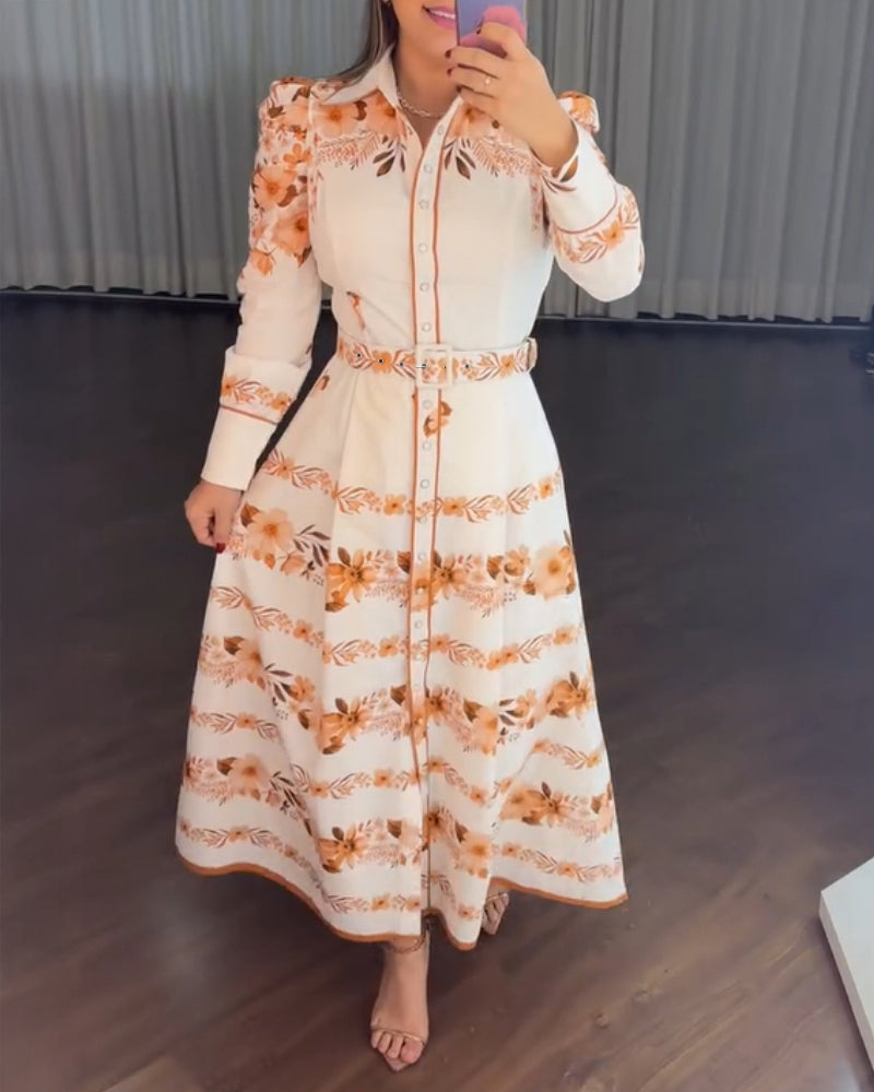 Floral Placement Print Turn-down Collar Puff Sleeve Vacation Dress Casual Button Down Shirt Dress With Belt and Lining