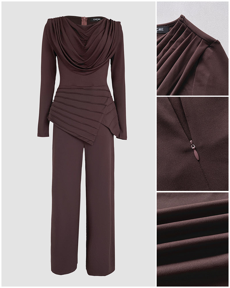 Cowl Neck Asymmetrical Textured Patchwork Cinched Waist Jumpsuit Casual Zipper Back Wide Leg Jumpsuit