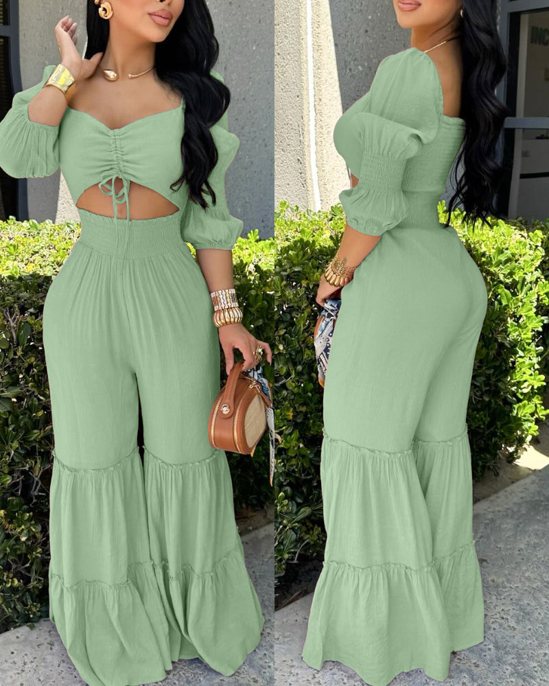 Square Neck Long Sleeve Drawstring  Shirred Jumpsuit