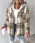 Plaid Print Button Front Pocket Design Drawstring Hoodie Jacket Casual Asymmetrical Hem Thermal Lined Shirt Coat