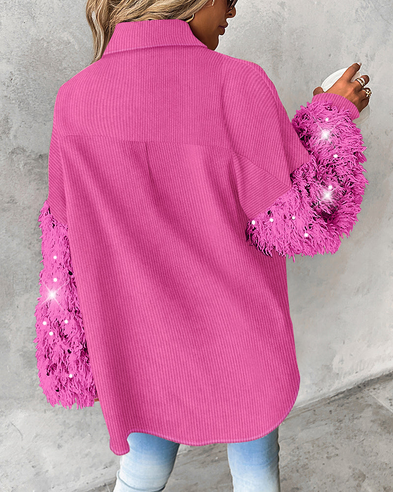 Contrast Sequin Turn-down Collar Long Sleeve Tassel Design Fuzzy Shacket with Pocket