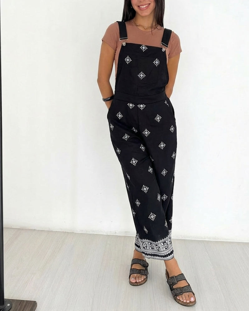 Vintage Embroidered Tribal Pattern Adjustable Straps Elastic Back Waist Suspender Jumpsuit with Front Bib Pocket