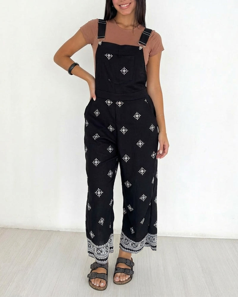 Vintage Embroidered Tribal Pattern Adjustable Straps Elastic Back Waist Suspender Jumpsuit with Front Bib Pocket