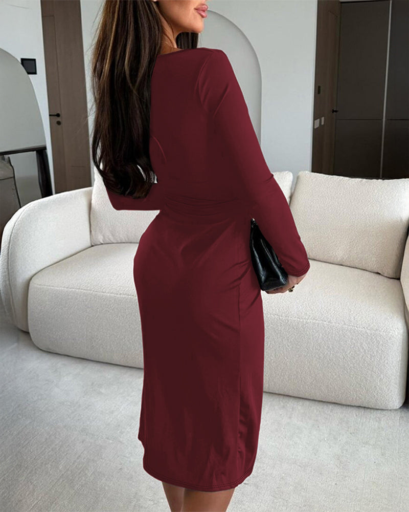 Long Sleeve Ruched Waist Metal Button Decor Bodycon Dress Casual Slit Slim Fit Midi Dress